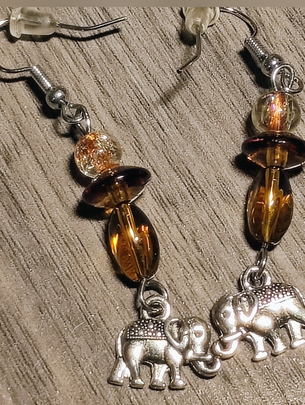Amber Colored Beaded Elephant Dangle Earrings - Handmade